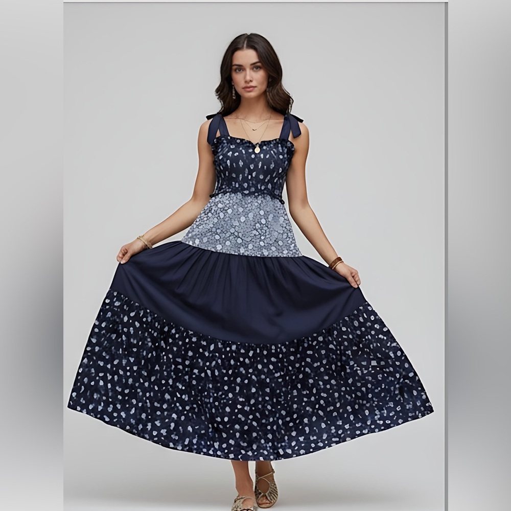 Boho Ditsy Floral Long Dress With Tie Waist, Ruffled Hem Blue - Picture 5 of 8